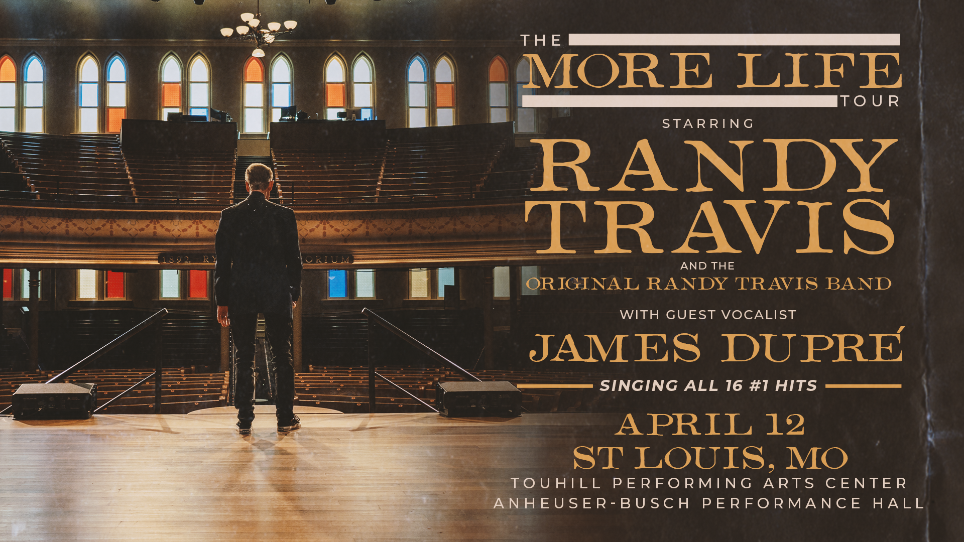 Photo from a stage into a theater, with Randy Travis facing away from the camera. Image for Randy Travis: More Life Tour coming to the Touhill Performing Arts Center on April 12 at 7:30 PM